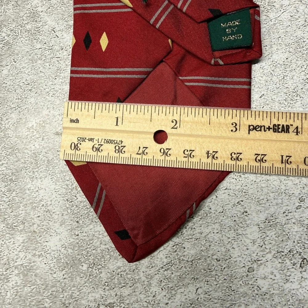 J.Crew Necktie Mens OS‎ Red Geometric Diamond Stripe Silk Hand Made